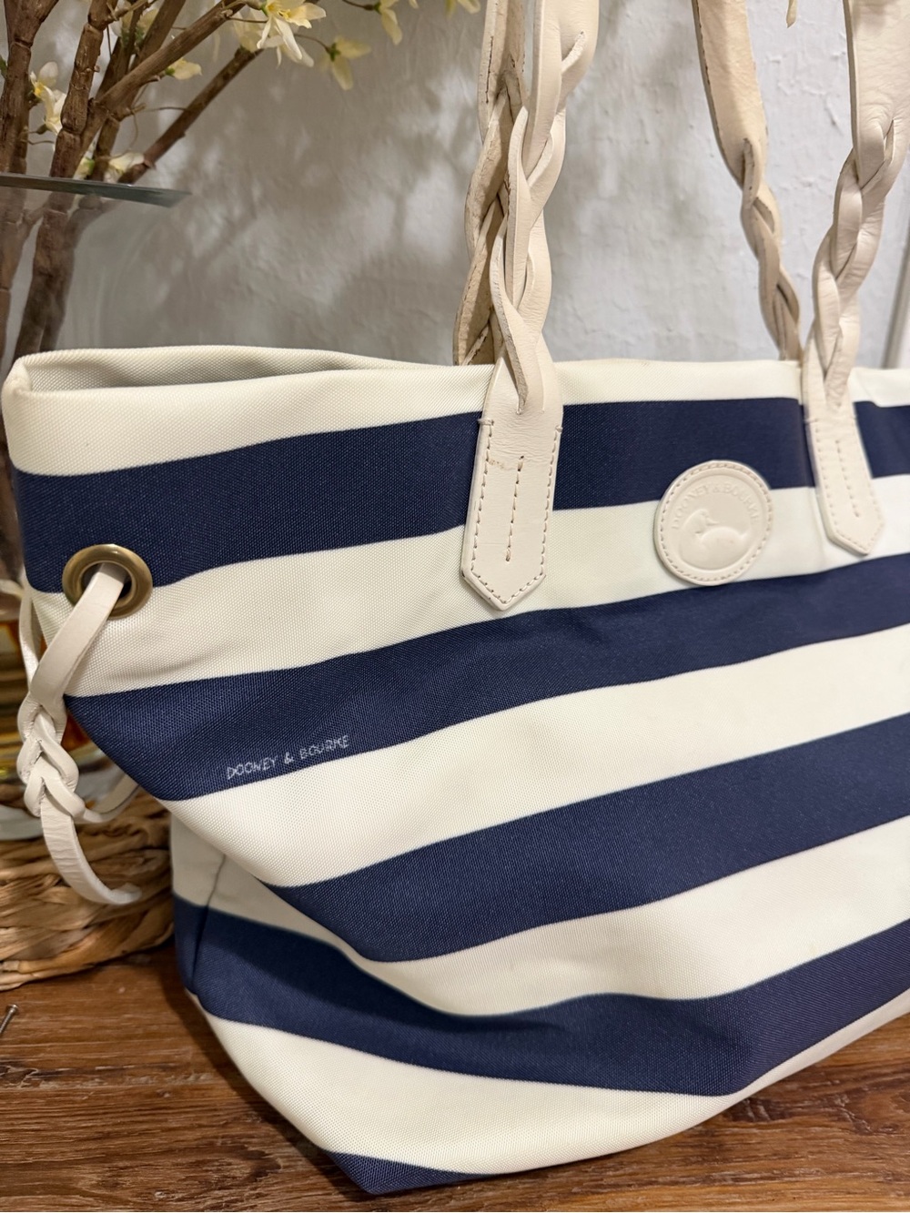 Dooney & Bourke Navy and Cream Striped Tote with Braided leather Handles - Picture 2 of 9